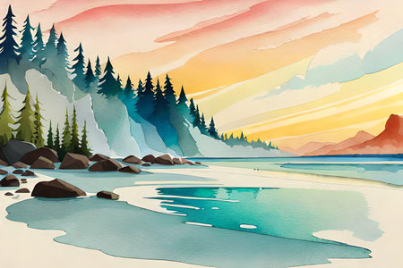 aesthetic pastel watercolor landscape nature scene with trees, mountains, rocks and serene lake. ai generatedの素材