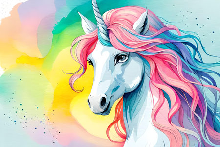 Pastel Rainbow Unicorn Artwork. a magical unicorn. vibrant colors. Poster, t-shirt design, and print Illustration. ai generatedの素材