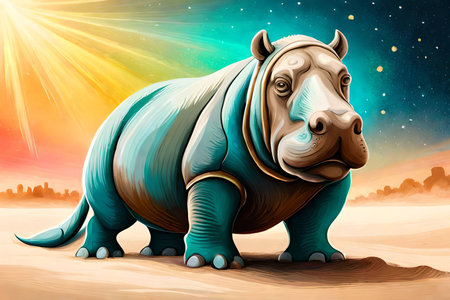 retro colorful modern art of a hippo. artistic painting. teal orange vibrant colors. ai generatedの素材