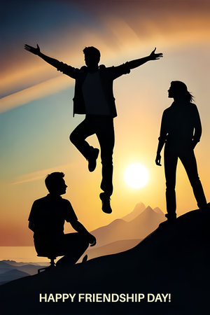 Happy Friendship Day art with a group of three friends celebrating together one of them is jumping in the air. silhouette graphics on sunset scene. ai generated and custom editingの素材