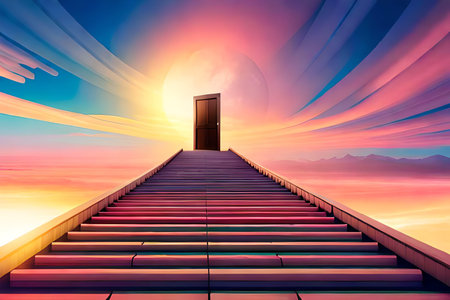 a staircase going up to a mysterious door on sunset. ai generated artの素材