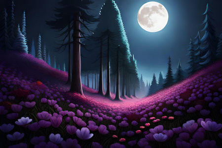 Fantasy landscape garden at night with moon trees and field of pink flowers. ai generated artworkの素材