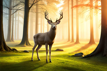 deer in a forest. landscape nature background. vibrant digital art. ai generated imageの素材