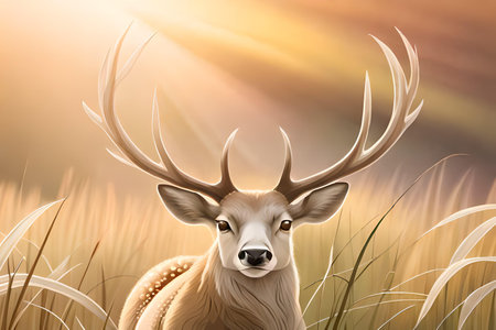 Deer in a dried yellow grass. sepia tones art with sunlight background. ai generated imageの素材