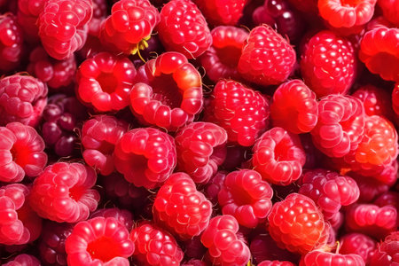 Close-up of fresh red raspberries neatly piled on a stand. generative aiの素材