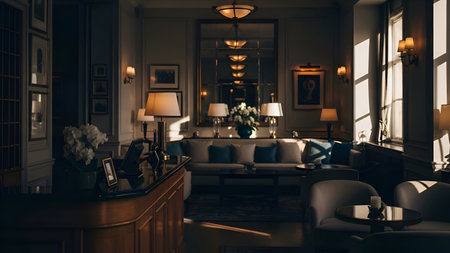 This image depicts a sophisticated living room with classic decor. The room features a large, comfortable sofa adorned with decorative cushions. A wooden side table holds a lamp with a white shade, casting a warm glow. A mirror with an ornate frame is mounted on the wall, reflecting the room's elegance. The windows are dressed with curtains, allowing natural light to filter in. A coffee table in the center holds a vase with fresh flowers, adding a touch of nature to the space. The walls are decorated with framed artwork, contributing to the room's refined atmosphere.の素材