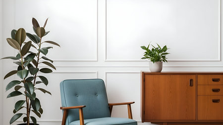 This image depicts a stylish and minimalist living room corner featuring a teal armchair with wooden armrests. The armchair is positioned against a white paneled wall, creating a clean and contemporary backdrop. To the left of the armchair stands a tall potted plant with lush green leaves, adding a touch of nature to the space. On the right, a wooden sideboard with a small potted plant on top complements the room's aesthetic. The overall ambiance is serene and inviting, perfect for relaxation.の素材