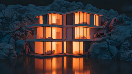 A sleek, modern house with large glass windows is perched on a rocky shoreline. The house is beautifully illuminated from within, casting a warm glow that reflects off the calm water below. The surrounding rocks add a rugged contrast to the smooth, contemporary design of the house.の素材