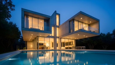 A contemporary house featuring large glass windows and a well-lit swimming pool in the foreground. The house has a sleek, angular design with warm interior lighting visible through the windows. The surrounding area is lush with greenery, adding to the serene ambiance of the scene.の素材