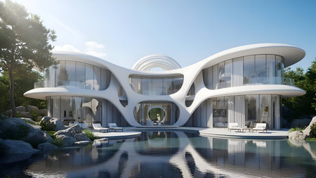 This image showcases a stunning modern architectural marvel featuring sleek, curved lines and expansive glass windows. The house is predominantly white with smooth, flowing designs that give it a futuristic appearance. It is situated beside a tranquil pool, surrounded by lush greenery and large rocks, creating a serene and luxurious atmosphere.の素材