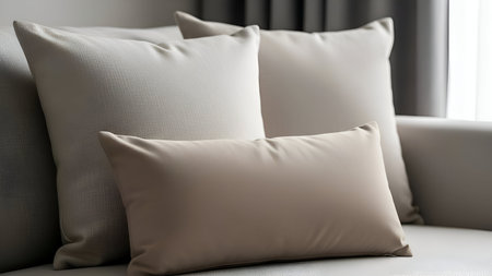 The image showcases a cozy living room setting with a sofa adorned with three neutral-toned pillows. The pillows are arranged neatly, adding a touch of comfort and elegance to the space. The soft, muted colors of the pillows complement the overall aesthetic of the room, creating a serene and inviting atmosphere.の素材