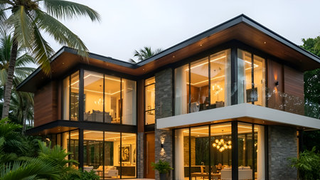 A modern, two-story villa with large glass windows and wooden accents is surrounded by lush tropical greenery. The setting sun casts a warm glow over the exterior, highlighting the sleek design and natural beauty of the environment. The interior is softly lit, showcasing a spacious living area with contemporary furnishings.の素材