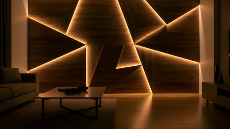This image showcases a contemporary living room featuring a striking geometric lighting design on the wall. The warm, ambient lighting creates a cozy and inviting atmosphere. The room includes a comfortable sofa and a sleek coffee table, enhancing the modern aesthetic.の素材