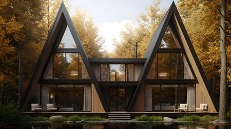 A stunning modern A-frame cabin nestled in a serene autumn forest. The cabin features large glass windows that offer panoramic views of the surrounding foliage. The exterior is characterized by dark wooden beams and a sleek, minimalist design. Inside, the cabin is warmly lit, showcasing a cozy living space with contemporary furniture. The surrounding landscape is adorned with vibrant fall colors, creating a picturesque and tranquil setting.の素材