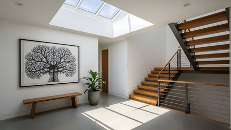 This image depicts a modern entrance hall featuring a large skylight that allows natural light to flood the space. The hall is adorned with a minimalist bench, a potted plant, and a striking black and white tree artwork on the wall. A wooden staircase with metal railings leads to the upper level, adding a touch of elegance and functionality to the space.の素材