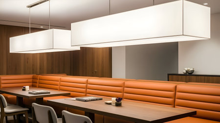 This image depicts a modern cafe with a sleek and contemporary design. The space features orange booth seating that adds a pop of color to the otherwise neutral palette. The booths are complemented by wooden tables and grey chairs. Overhead, large rectangular pendant lights provide ample illumination. The walls are adorned with wooden paneling, and a large mirror enhances the sense of space. The cafe exudes a cozy yet stylish atmosphere, perfect for casual meetings or relaxed dining.の素材