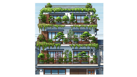 This image depicts a modern multi-story building adorned with lush green balconies. Each floor features a variety of plants and flowers, creating a vibrant and eco-friendly atmosphere. The building has a sleek design with large windows and a mix of brick and metal accents. The greenery adds a refreshing touch to the urban setting, promoting a harmonious blend of nature and architecture.の素材