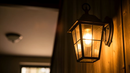 The image depicts a classic outdoor wall lantern emitting a warm, inviting glow. The lantern is mounted on a wooden wall, casting a soft light that enhances the cozy ambiance of the setting. The design features a traditional style with a metal frame and clear glass panels, allowing the light to shine through clearly. The surrounding area is dimly lit, highlighting the lantern as the focal point.の素材