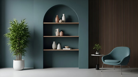 This image depicts a modern living room with a teal accent wall featuring an arched built-in shelf. The shelf holds various decorative items, including vases and a wooden box. On either side of the shelf, there are tall green plants in white pots, adding a touch of nature to the space. A small round side table with a plant sits next to a blue modern chair, creating a cozy and stylish atmosphere.の素材