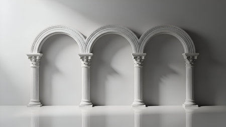 The image features three elegant marble arches, each supported by two columns. The arches are intricately carved and symmetrically aligned, creating a visually pleasing and balanced composition. The marble has a pristine white appearance, and the reflections on the surface enhance the overall aesthetic. The background is plain and neutral, allowing the arches to stand out prominently.の素材