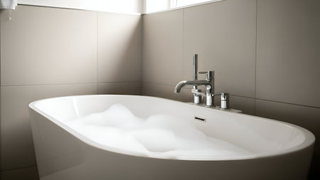 A sleek and modern oval-shaped bathroom sink is shown, featuring a single handle faucet. The sink is set against a backdrop of light-colored tiles, creating a clean and minimalist aesthetic. The faucet has a contemporary design with a metallic finish, adding a touch of elegance to the overall look.の素材