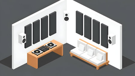 The image depicts a modern home audio setup situated in a minimalist room. The setup includes a wooden table with a turntable and two speakers mounted on the walls. The room features soundproofing panels on the walls and a comfortable white couch facing the audio equipment. The overall design suggests a space dedicated to high-quality music listening and relaxation.の素材
