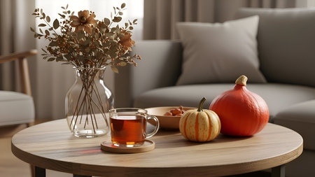 A serene autumn-themed living room setup featuring a wooden coffee table adorned with a glass vase filled with dried flowers, a steaming cup of tea, and two pumpkins. The room exudes warmth and comfort with neutral-toned furniture and soft lighting.の素材
