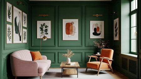 This image showcases a stylish and vibrant living room with dark green paneled walls adorned with modern art. The room features a comfortable pink sofa and an orange armchair, creating a cozy and inviting atmosphere. A wooden coffee table sits in the center, holding a vase with fresh flowers. The space is illuminated by natural light streaming through a large window, enhancing the overall aesthetic.の素材