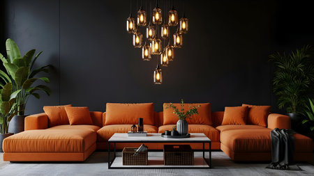 This image depicts a stylish, contemporary living room with a striking orange sectional sofa. The room features a large, elegant chandelier hanging from the ceiling, casting a warm glow throughout the space. The walls are painted in a dark, moody color, providing a stark contrast to the vibrant sofa. A coffee table sits in front of the sofa, adorned with various decorative items. The room is further enhanced by the presence of lush green plants, adding a touch of nature to the modern setting.の素材