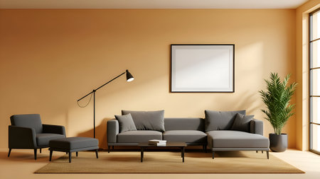 This image depicts a cozy and modern living room with a grey sofa as the focal point. The room features a tall floor lamp with a black base and a white shade, providing ample lighting. There is a matching grey armchair and ottoman, creating a comfortable seating area. A large, blank picture frame hangs on the wall, and a tall potted plant adds a touch of greenery. The walls are painted a warm, light orange, and the floor is covered with a light-colored rug. The room is well-lit with natural light streaming in from a large window on the right side.の素材