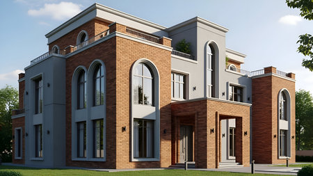 This image depicts a modern residential building constructed with a combination of brick and concrete materials. The building features large windows, arched doorways, and a sleek design. It has multiple floors with balconies and a well-maintained exterior. The structure is surrounded by greenery, adding to its aesthetic appeal.の素材