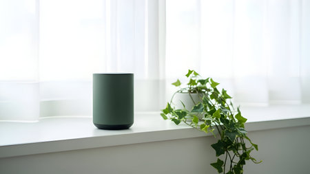 A sleek, modern green vase sits on a white windowsill next to a lush green plant. The scene is bathed in soft, natural light filtering through sheer white curtains, creating a serene and minimalist atmosphere.の素材