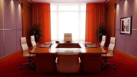 This image depicts a sleek and contemporary conference room. The room features a large rectangular table surrounded by eight white chairs, each equipped with armrests and wheels. The walls are painted in a muted purple tone, complemented by orange curtains that frame the large windows. Two potted plants add a touch of greenery, enhancing the room's professional yet inviting atmosphere. A framed picture hangs on the right wall, adding a personal touch to the space. The room is well-lit with recessed lighting, creating a bright and focused environment ideal for meetings and discussions.の素材