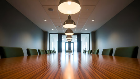 This image depicts a sleek and modern conference room with a long wooden table surrounded by green chairs. The room features contemporary lighting fixtures hanging from the ceiling and large windows allowing natural light to enter. The walls are painted a light gray, contributing to the professional and minimalist aesthetic.の素材