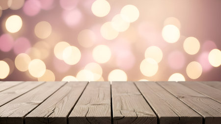The image features a wooden surface in the foreground with a blurred background filled with colorful bokeh lights. The bokeh effect creates a soft, dreamy atmosphere with a mix of pink, white, and yellow light spots. The wooden surface appears to be smooth and well-polished, providing a contrast to the vibrant, out-of-focus lights behind it.の素材
