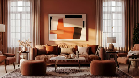This image depicts a cozy and inviting living room with a warm color palette. The room features a large abstract art piece on the wall, a comfortable sofa adorned with orange and white pillows, and matching armchairs. The space is illuminated by natural light streaming through large windows, complemented by elegant curtains. A coffee table sits in the center, surrounded by plush ottomans, creating a welcoming atmosphere for relaxation and conversation.の素材