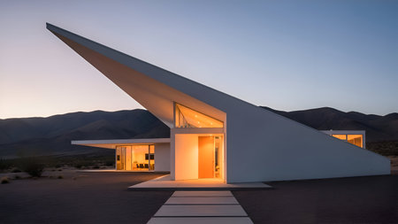 The image showcases a striking modern architectural structure situated in a desert landscape. The building features unique angular designs with sharp, sloping roofs that seem to blend seamlessly with the surrounding natural environment. The warm lighting from within the building contrasts beautifully with the cool tones of the evening sky and distant mountains.の素材