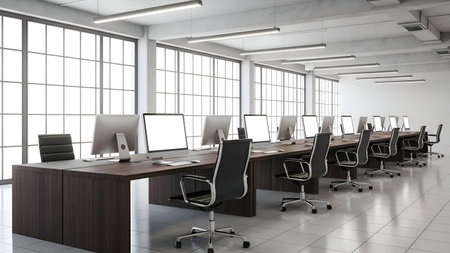 The image depicts a contemporary office space featuring multiple computer stations. Each station is equipped with a desktop computer, monitor, keyboard, and mouse. The office has a minimalist design with large windows allowing ample natural light to flood the area. The chairs are ergonomic, and the desks are arranged in a neat, organized manner. The overall atmosphere is professional and conducive to productivity.の素材