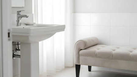 This image showcases a modern bathroom featuring a sleek, white vanity with a polished chrome faucet. The vanity is accompanied by a stylish, tufted bench with dark wooden legs, adding a touch of sophistication and comfort to the space. The walls are adorned with white tiles, contributing to a clean and minimalist aesthetic.の素材