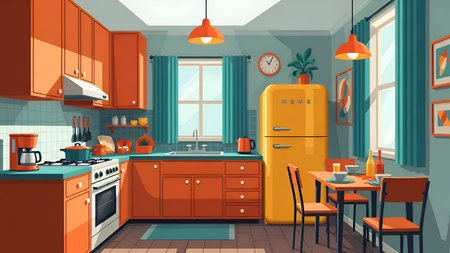 This image depicts a bright and cheerful kitchen with a retro design. The kitchen features wooden cabinets, a yellow refrigerator, and orange pendant lights hanging above the dining table. The countertops are adorned with various kitchen appliances, including a coffee maker and a toaster. A potted plant adds a touch of greenery near the window, and a wall clock is mounted above the sink. The dining area includes a small wooden table with chairs, creating a cozy atmosphere.の素材