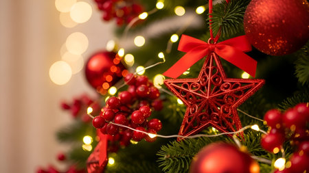 A beautifully decorated Christmas tree adorned with red ornaments, berries, and lights. The centerpiece of the tree is a large red star ornament tied with a red ribbon, creating a festive and warm atmosphere.の素材