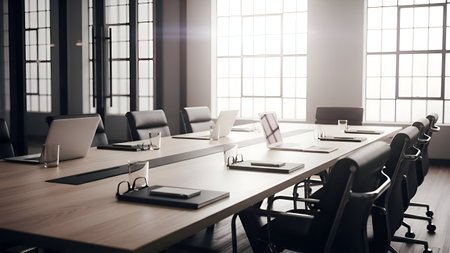 A well-lit, modern office conference room featuring a long wooden table with several laptops, notepads, and glasses arranged for a meeting. The room has large windows allowing natural light to fill the space, and comfortable chairs are placed around the table.の素材