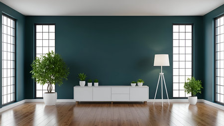 This image depicts a modern living room with green walls and large windows that allow ample natural light. The room features a white console table adorned with several potted plants. A tall floor lamp stands nearby, adding to the room's contemporary aesthetic. The wooden floor complements the overall minimalist and serene atmosphere.の素材