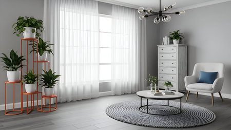 This image depicts a stylish and contemporary living room with a focus on indoor plants. The room features a large window draped with sheer white curtains, allowing ample natural light to fill the space. A variety of potted plants are displayed on a tiered stand and placed around the room, adding a touch of greenery and freshness. The furniture includes a white armchair with a blue throw pillow, a round coffee table, and a white dresser. The floor is adorned with a circular patterned rug, and a modern chandelier hangs from the ceiling, providing additional lighting.の素材