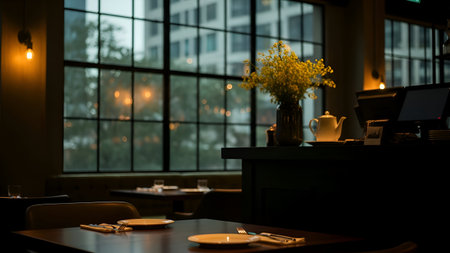 A dimly lit restaurant corner features a table set with white plates and silverware. A vase with vibrant yellow flowers adds a touch of warmth to the scene. The large window in the background offers a view of the city lights, creating a serene and inviting atmosphere.の素材