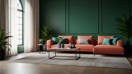 This image depicts a stylish and contemporary living room with green accent walls. The room features an orange sofa adorned with colorful throw pillows, a sleek coffee table in the center, and large windows allowing natural light to fill the space. The decor includes several potted plants, adding a touch of nature and freshness to the room. The overall ambiance is cozy and inviting, perfect for relaxation and socializing.の素材