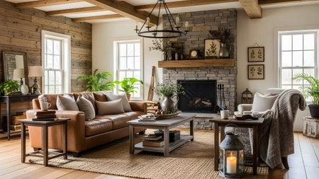 This image depicts a warm and inviting living room with a rustic fireplace as the focal point. The room features a comfortable sofa, a wooden coffee table, and various decorative elements such as plants, candles, and framed pictures. The space is well-lit with natural light streaming through the large windows, creating a cozy and welcoming atmosphere.の写真素材