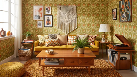 This image showcases a lively and colorful living room with a retro aesthetic. The room features a variety of decorative elements, including patterned wallpaper, an assortment of throw pillows, and an array of framed artworks. A wooden coffee table sits in the center, adorned with a small potted plant. The space is further enhanced by a vintage record player, a cozy sofa, and an assortment of plants and decorative items scattered throughout the room.の写真素材