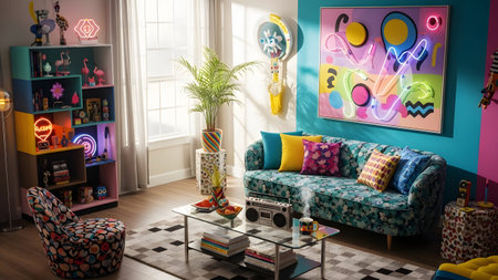 This image showcases a lively and colorful living room with an eclectic mix of furniture and decor. The room features a green velvet sofa adorned with colorful pillows, a floral-patterned armchair, and a glass coffee table. The walls are painted in a bright turquoise color, complementing the colorful artwork and neon lights. A large, abstract painting with vibrant colors hangs above the sofa, adding to the room's energetic atmosphere. The space is further enhanced by a rainbow-colored bookshelf filled with various knick-knacks and a large potted plant near the window.の写真素材