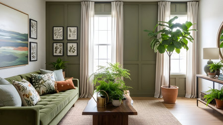This image depicts a cozy living room with a green sofa adorned with decorative pillows. The room features a wooden coffee table with a watering can and potted plants, adding a touch of nature. The walls are decorated with framed art, and large windows draped with sheer curtains allow natural light to fill the space. Additional potted plants are placed around the room, contributing to a serene and inviting atmosphere.の写真素材
